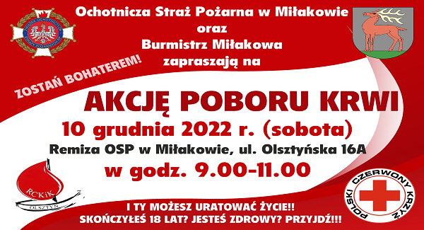 Zapowiedź akcji krwiodawstwa w Miłakowie 10 grudnia 2022 r.