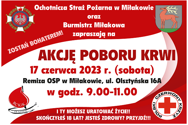 Akcja poboru krwi 17 czerwca 2023 r. w budynku remizy OSP w Miłakowie