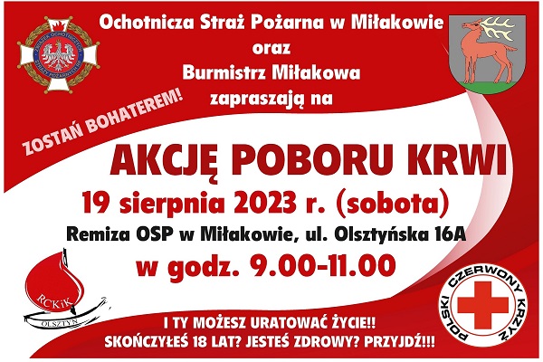 Zapowiedź akcji poboru krwi w sobotę 19 sierpnia w Miłakowie