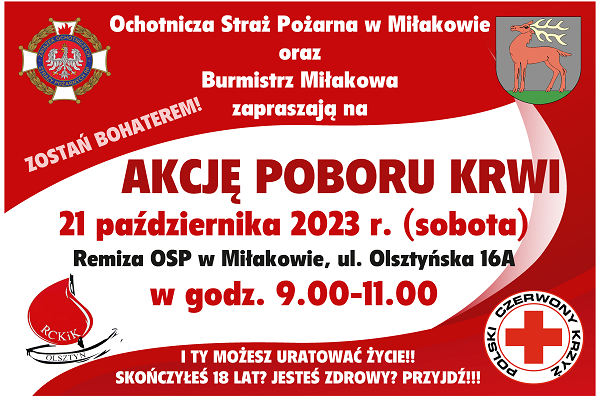 Akcja poboru krwi w sobotę 21 października 2023 r. w budynku remizy OSP w Miłakowie